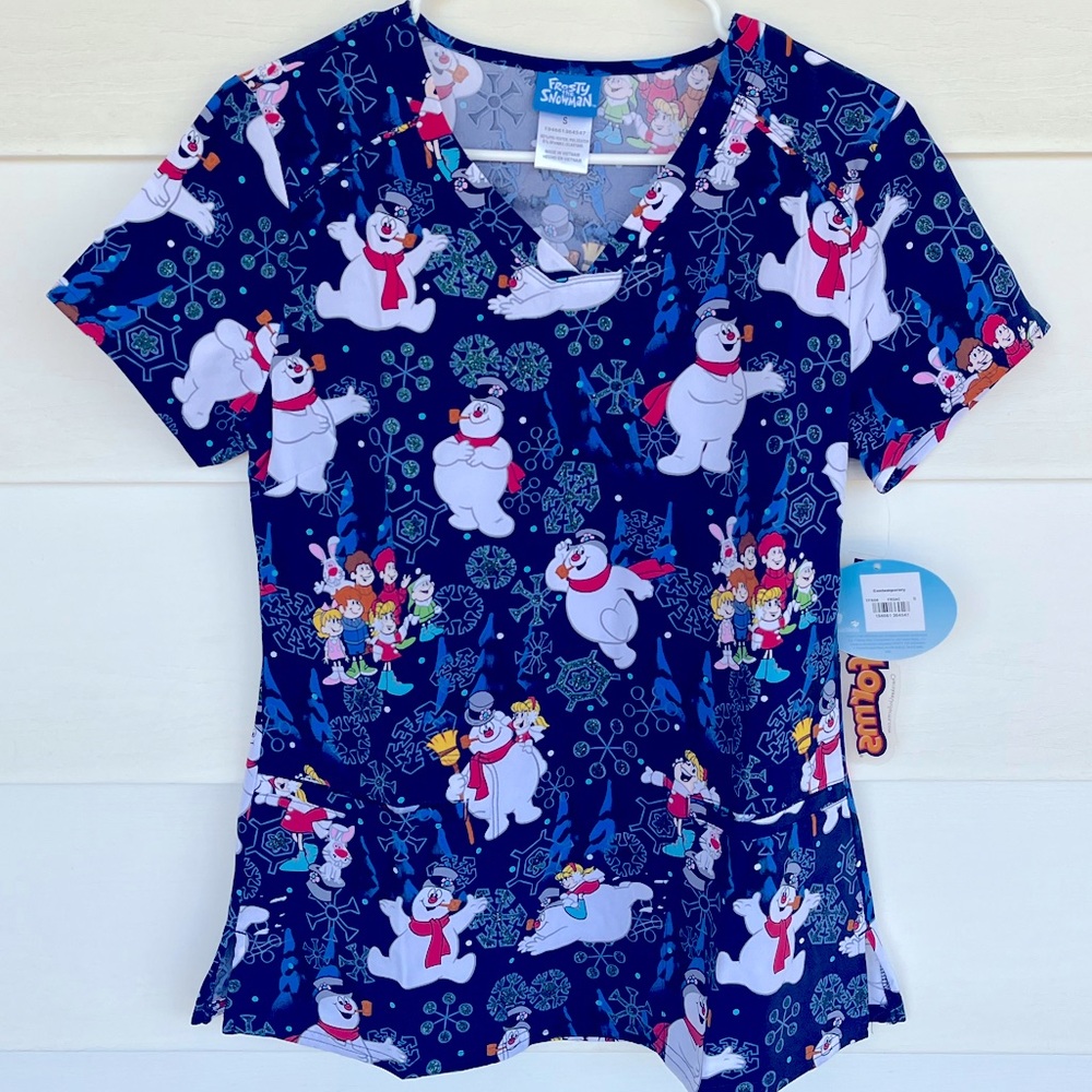 NWT Women’s Small Tooniforms Frosty The Snowman Scrub Top